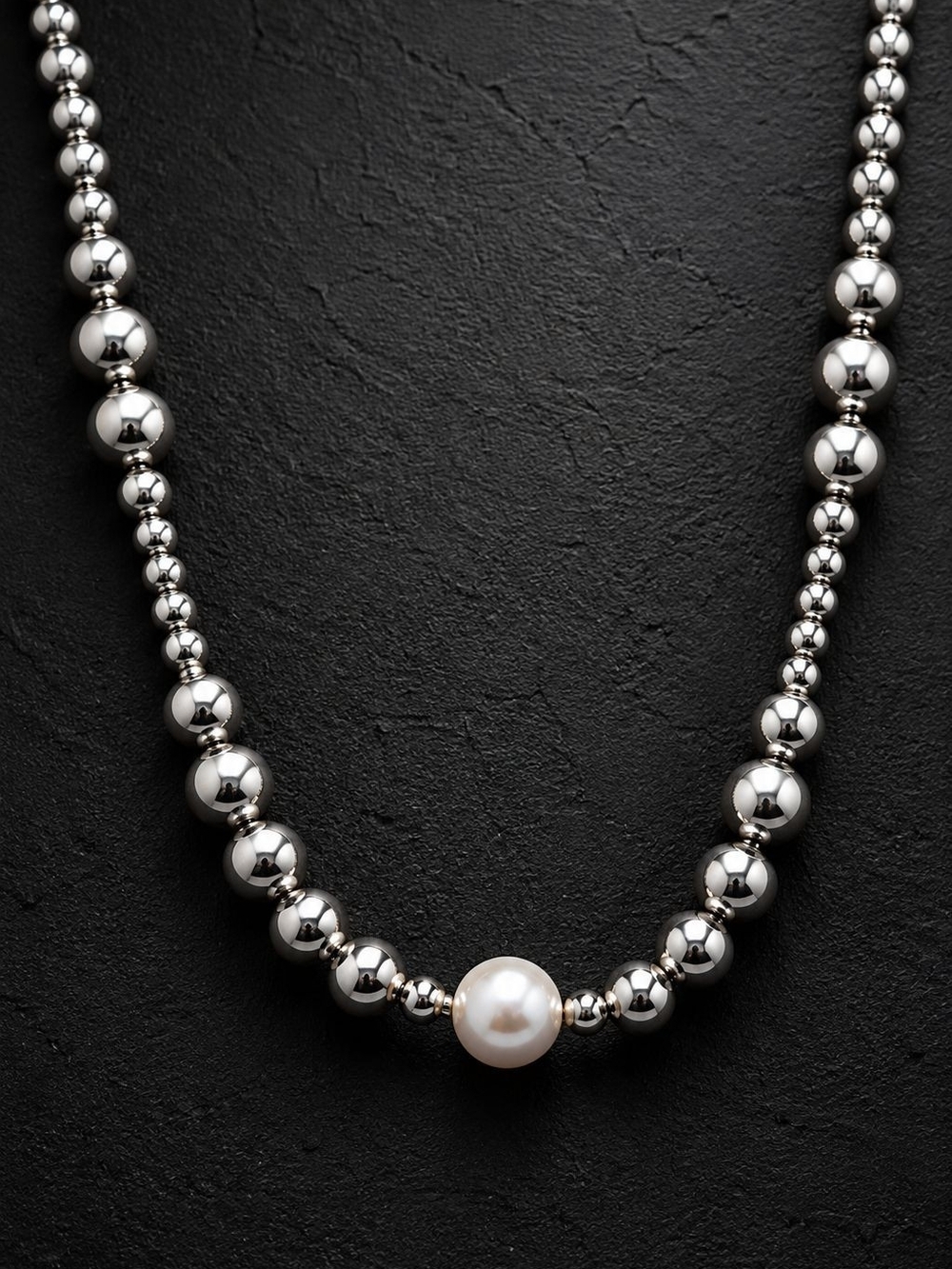 Silver color Beaded Necklace with Pearl Accent - Picture 6 of 8